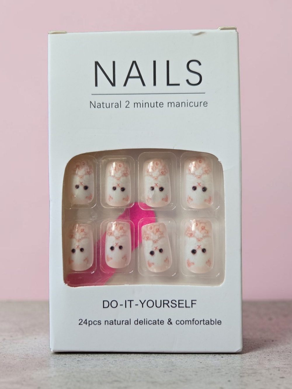 24PCS Kawaii White Kitten Press On Nails Short Square Pink Floral Nail Set